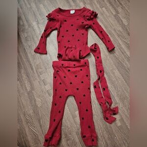 Red Ribbed Two-Piece Set with Black Heart Print 9- 12 Months.